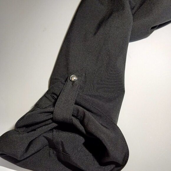 Kathy Che  Blouse  Women's Long Sleeve Roll Tab  BLACK Button Front V-Neck - Picture 4 of 12